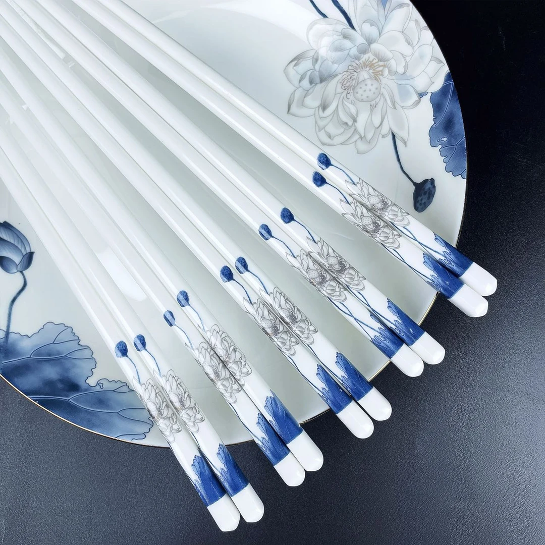 【铭策优品】荷风清韵高档家用陶瓷筷防滑防霉中式环保餐具10双