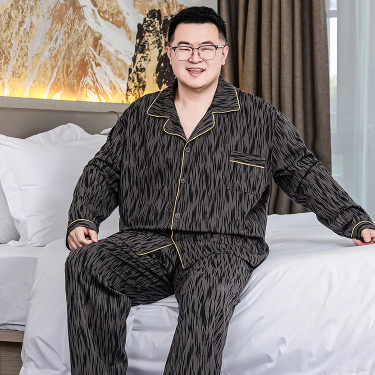 加大码纯棉男睡衣春秋季薄款男士长袖宽松加肥胖哥睡衣家居服男士