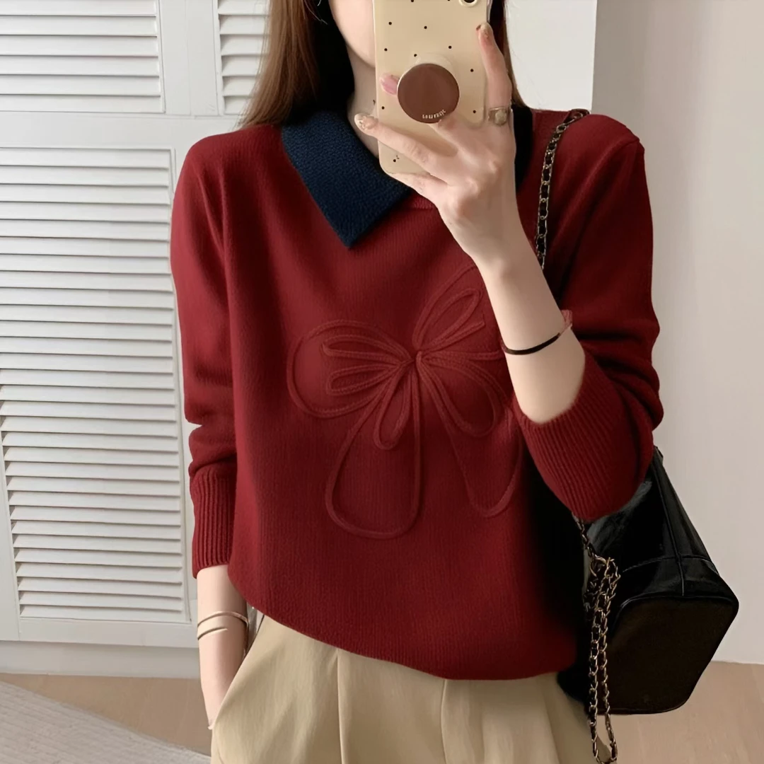 【欧货高档品质】针织衫毛衣时尚洋气刺绣蝴蝶款翻领打底衫女装M987