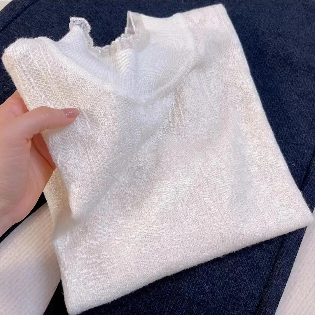 2024秋季款时尚洋气百搭半高领纯浮雕针织衫长袖打底衫上衣女装A1