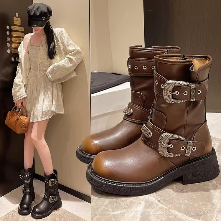 韩版时尚百搭中筒英伦风靴子皮带扣瘦瘦靴切尔西短靴马丁靴 5526