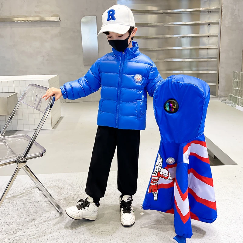 奥特曼男童帽子带戴眼镜羽绒服秋冬季儿童两面穿三合一冲锋衣外套