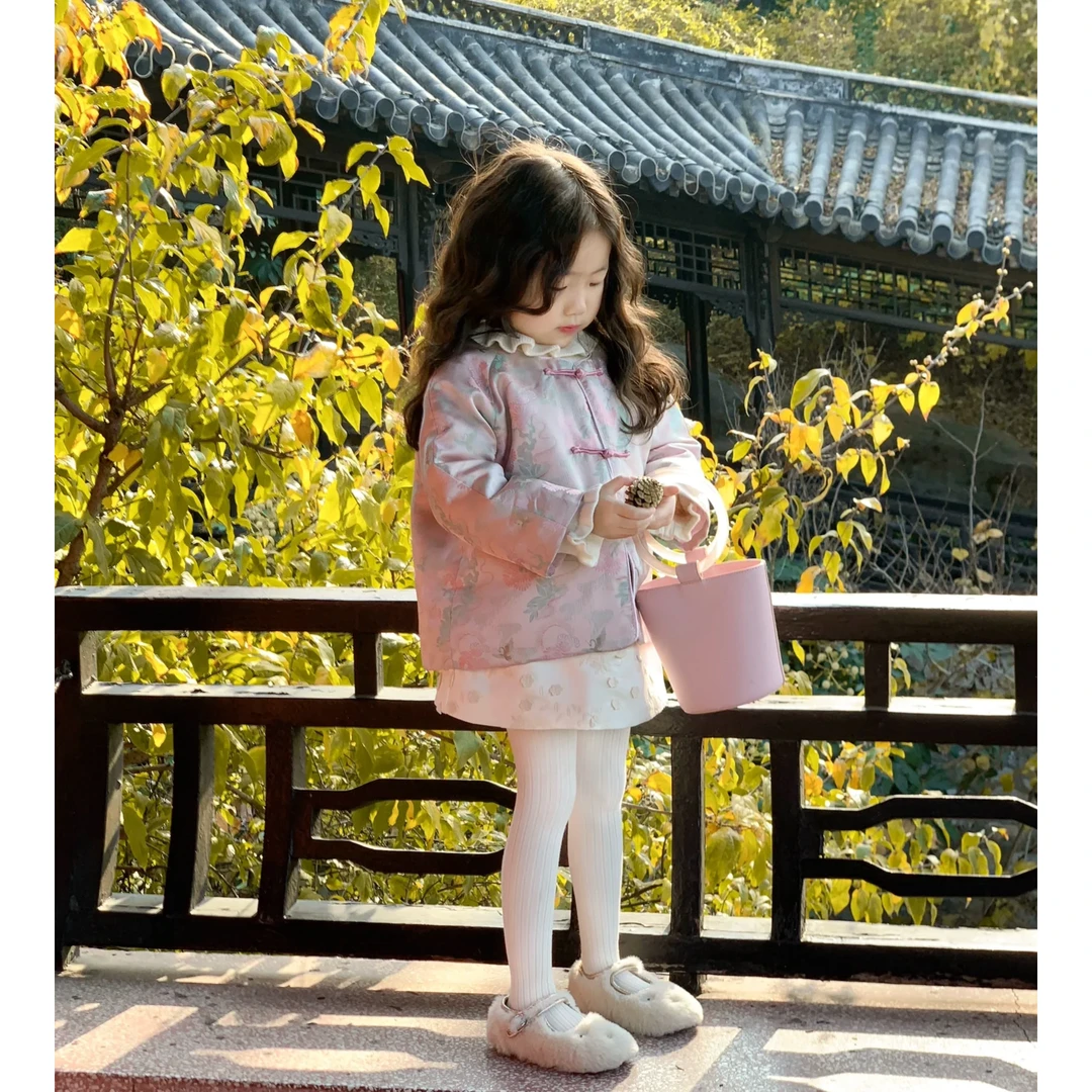 中国风套装童装冬季女童粉色提花新中式外套女宝宝洋气夹棉拜年服