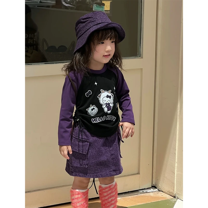 壹妈韩版童装女童套装秋装时髦洋气HelloKittyT恤半身裙两件套潮