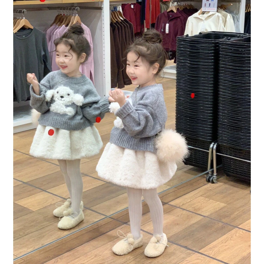 韩版童装女童秋冬洋气套装女宝宝卡通针织衫蓬蓬半身裙两件套