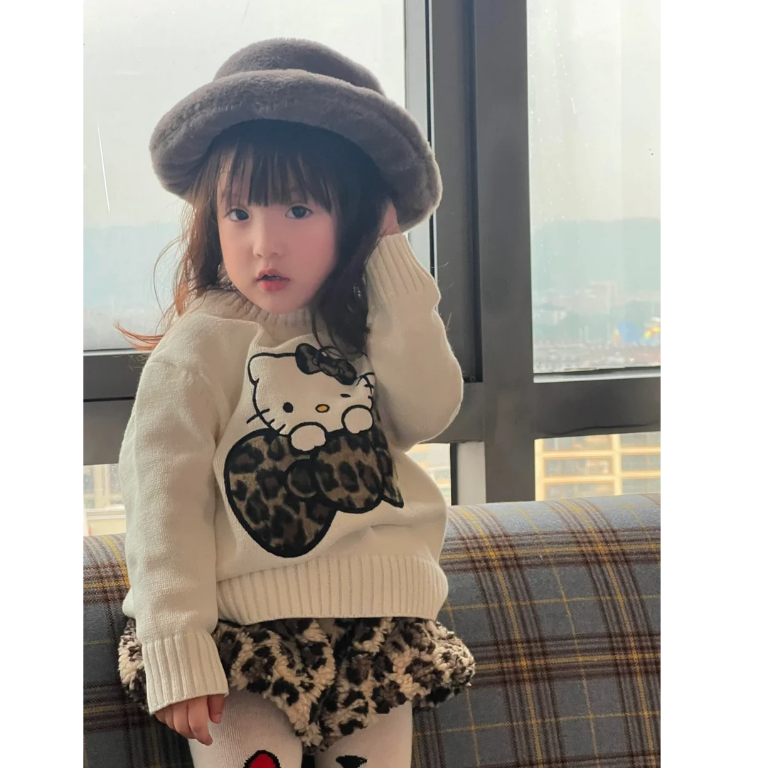 壹妈童装萌娃穿搭女童套装儿童秋冬洋气卡通Kitty猫毛衣豹纹短裤