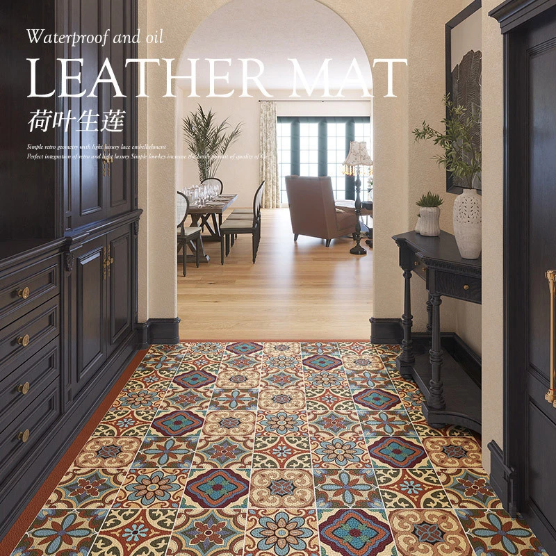 美式复古地垫可裁剪pvc皮革2024新款入家用脚垫厨房防水免洗地毯