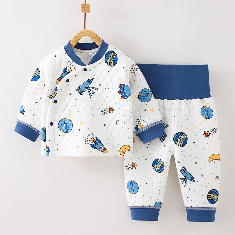 春秋婴儿高腰护肚套装三层夹棉新生儿保暖衣纯棉无骨男女宝宝衣服