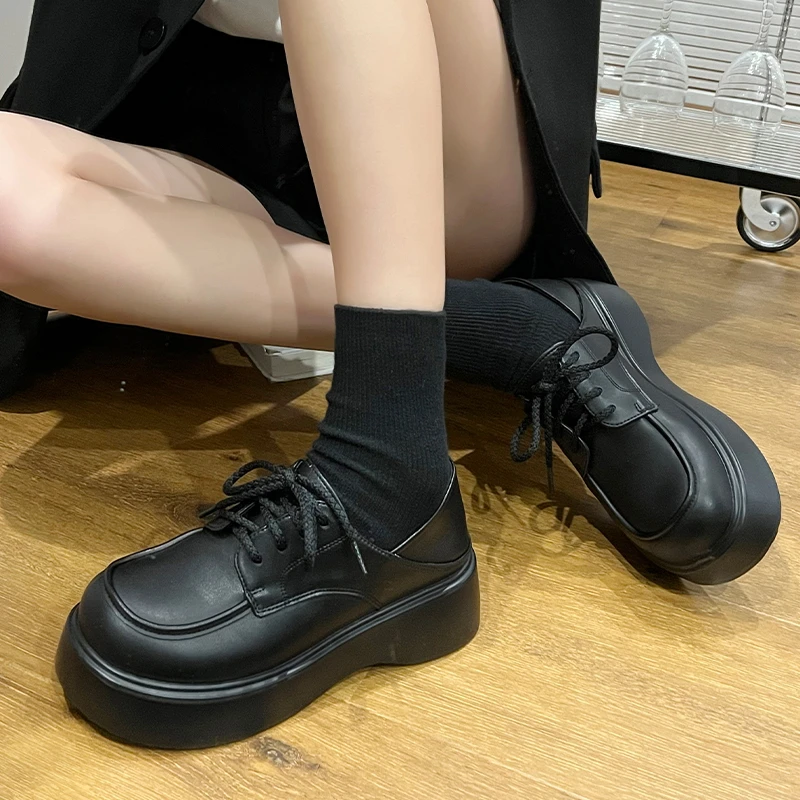栗原熊厚底增高真皮小皮鞋女2023年春季新款学院风松糕底系带单鞋