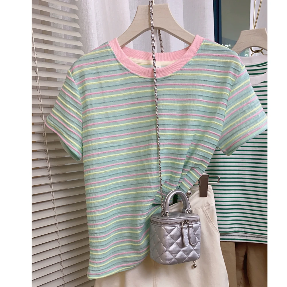 网红条纹T恤女2024夏季新款休闲宽松圆领百搭时尚短袖上衣