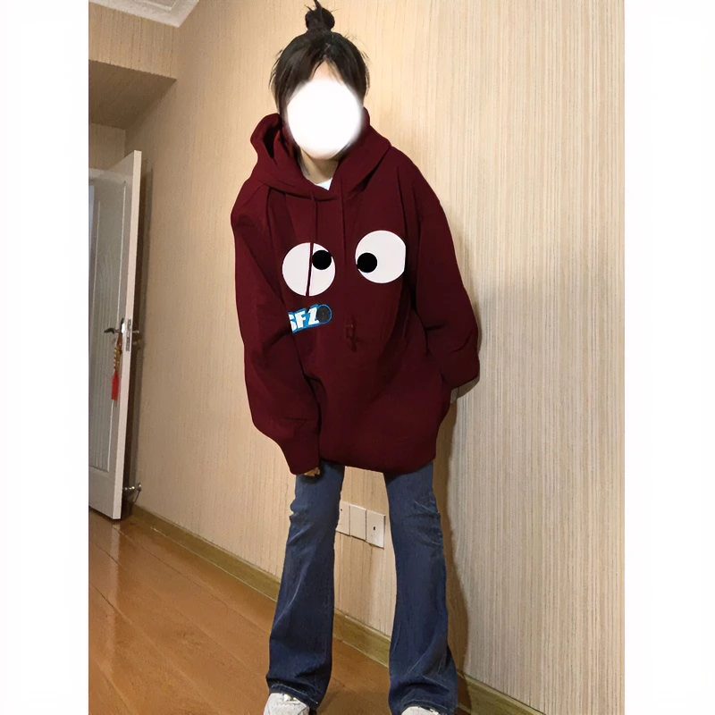 秋冬2023新款酒红色oversize连帽卫衣女美式复古宽松加绒加厚外套