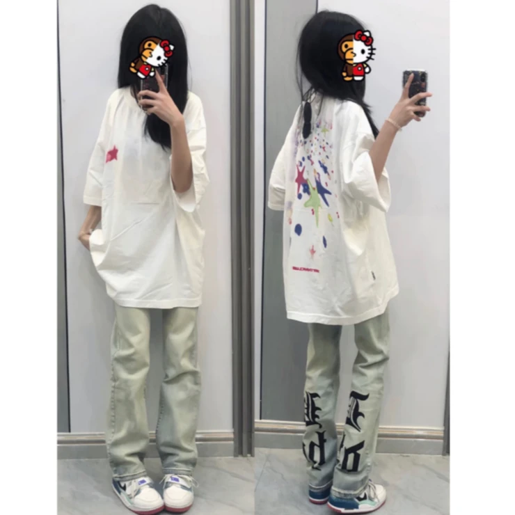 【纯棉短袖】初恋白彩色流星印花T恤夏季新款休闲百搭字母半袖衣ins