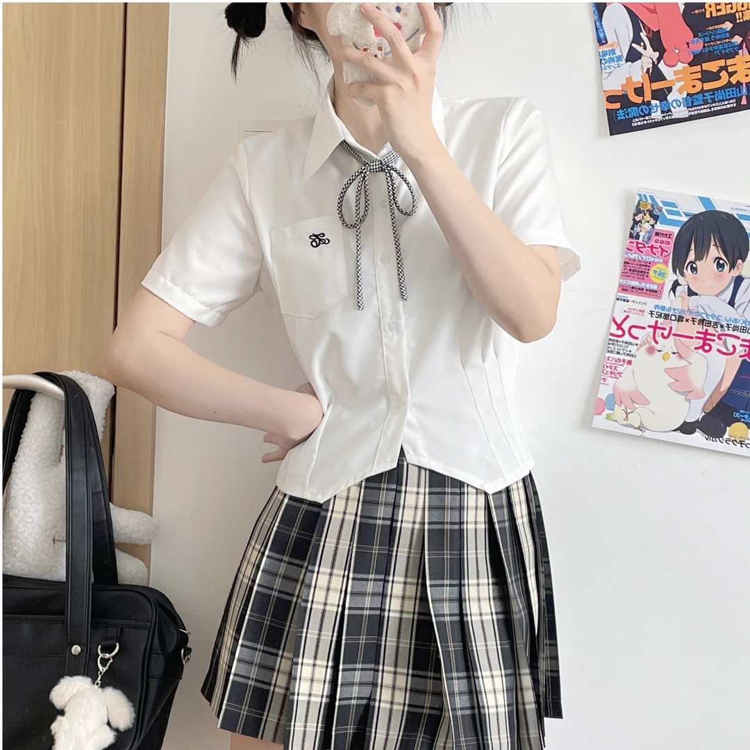 六麦jk衬衫女收腰短款白色衬衣甜美上衣夏季学院TR面料港风甜辣