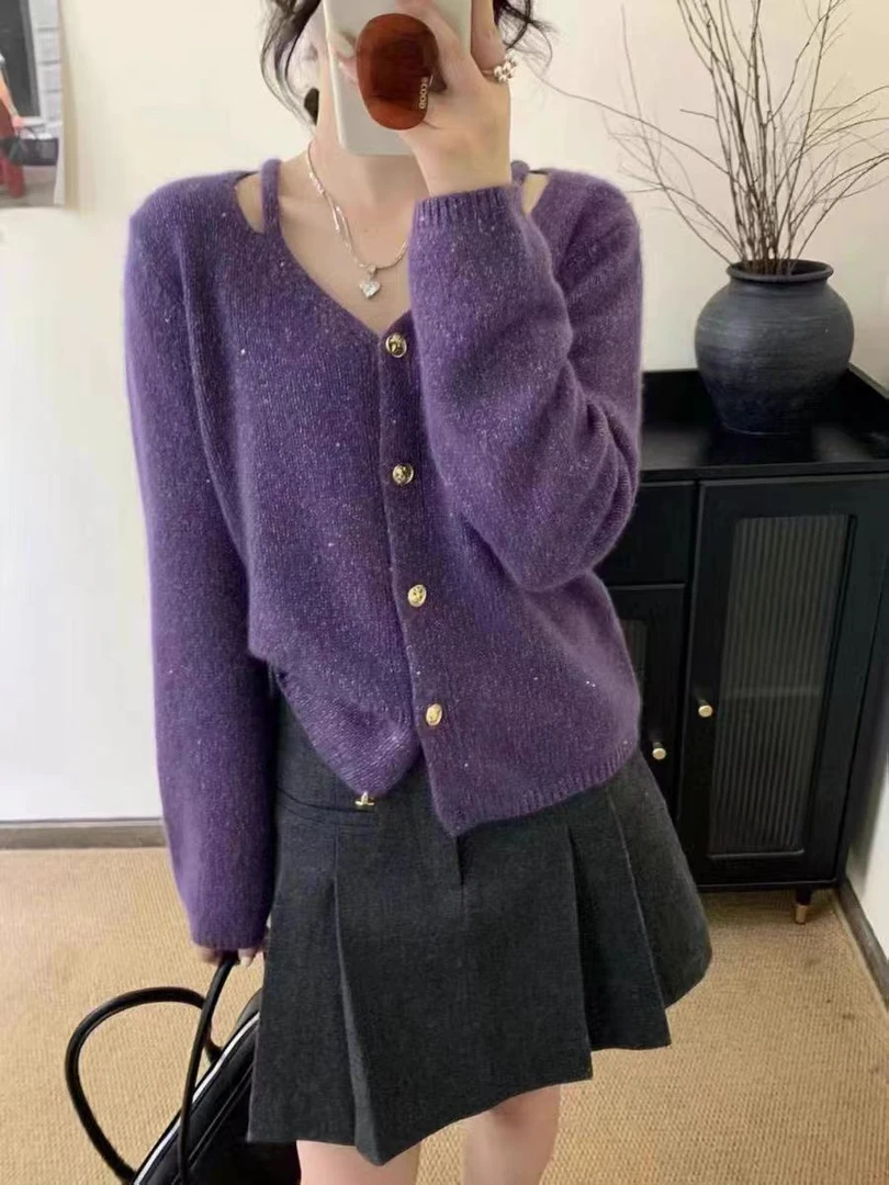 欧洲站镂空V领花线亮丝软糯蜜熊绒毛衣开衫女欧洲站2024秋冬毛衣