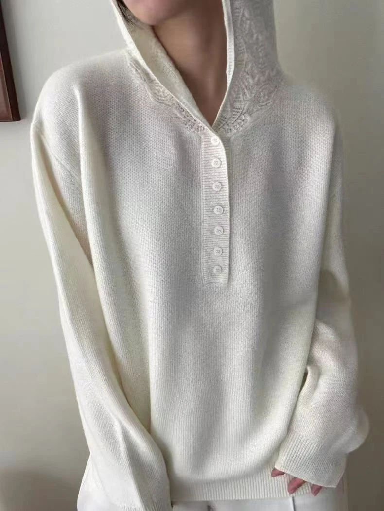 2024秋季新款蕾丝领长袖宽松连帽衫蜜熊羊毛衫百搭休闲上衣女装潮