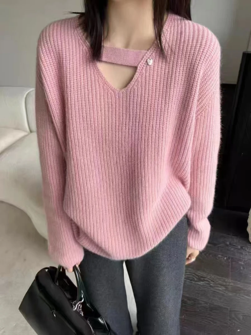 温柔粉色 小心机露脖小爱心 宽松纯色羊毛毛衣 秋冬新款韩系上衣