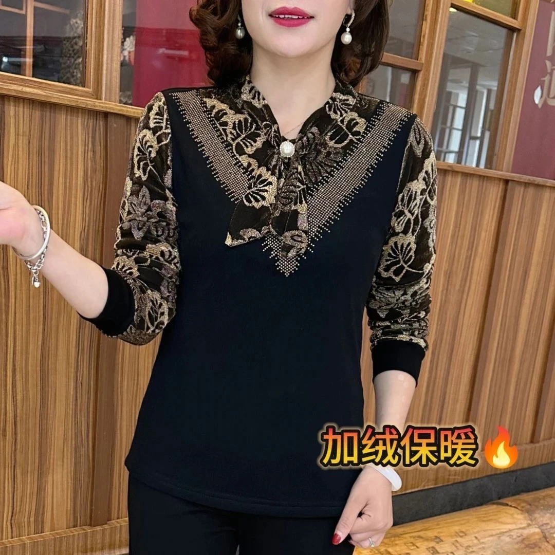 秋冬气质妈妈装小衫时尚加绒亮钻百搭遮肚长袖显瘦拼接保暖打底衫