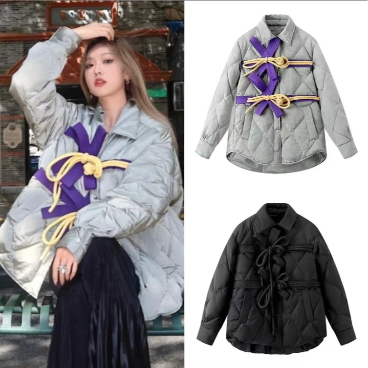 【C642】复古中长款大衣保暖外套蝴蝶结盘扣羽绒服女