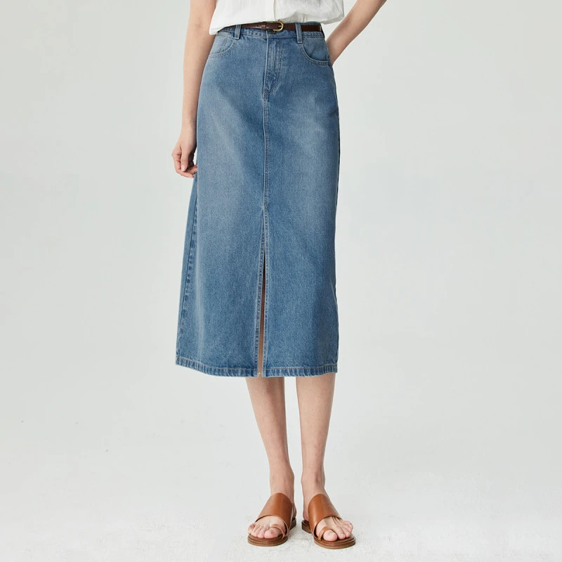 【告白穿搭】茵曼春秋新款女半身裙长裙牛仔休闲显瘦纯棉豹纹腰