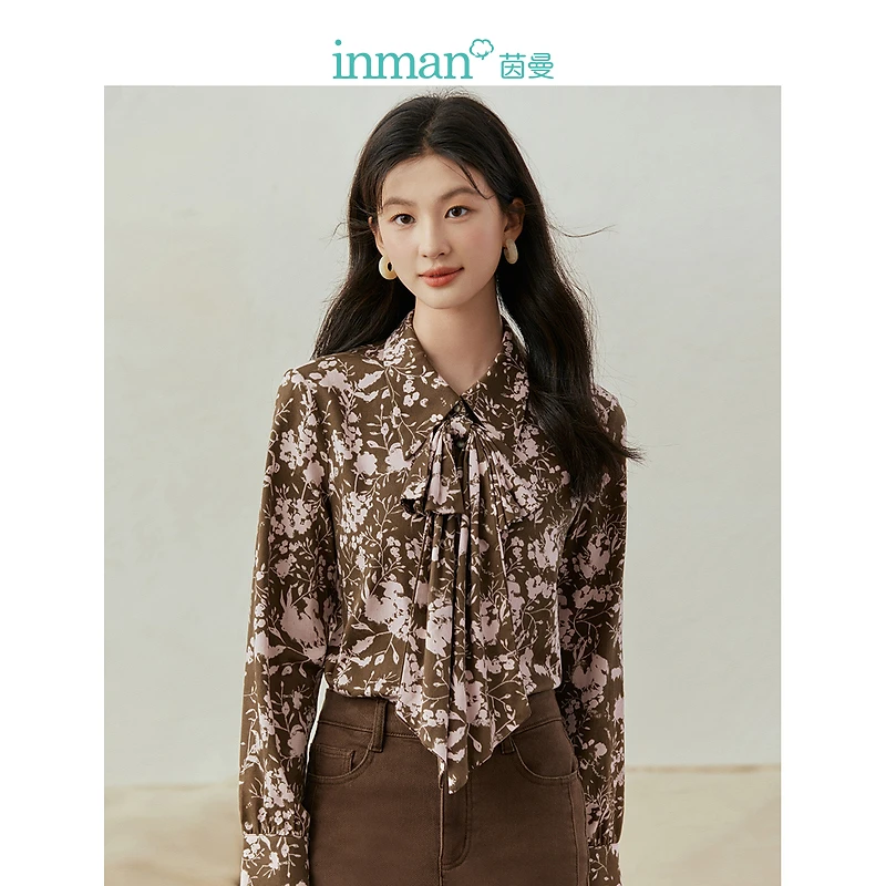 茵曼冬季女衬衫衬衣上衣外套长袖女装新款气质休闲印花通勤毛衣