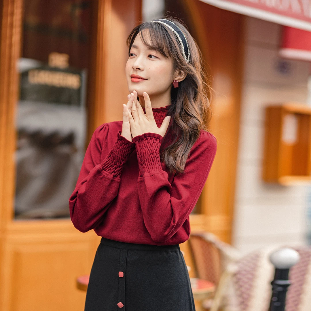 茵曼冬季女毛针织衫毛衣长袖新款显瘦高领套头泡泡袖秋冬新年时尚