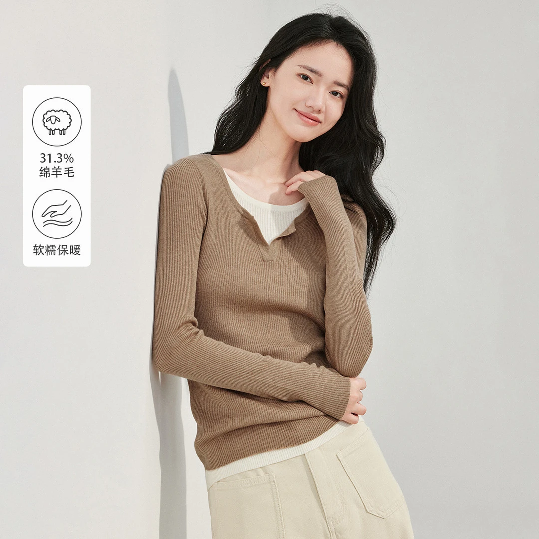 茵曼冬季新款女毛针织衫打底上衣长袖小显瘦修身裙子假V领叠