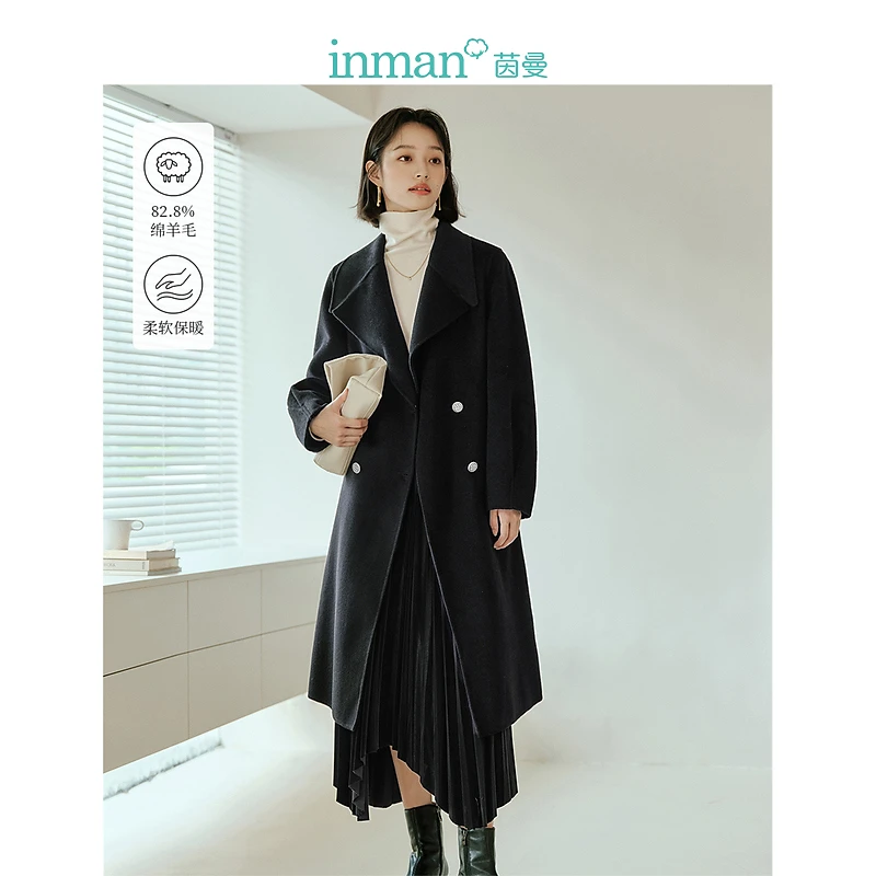 【秋冬大衣】茵曼冬季女毛呢外套呢大衣女装绵羊毛长毛新款双面长袖