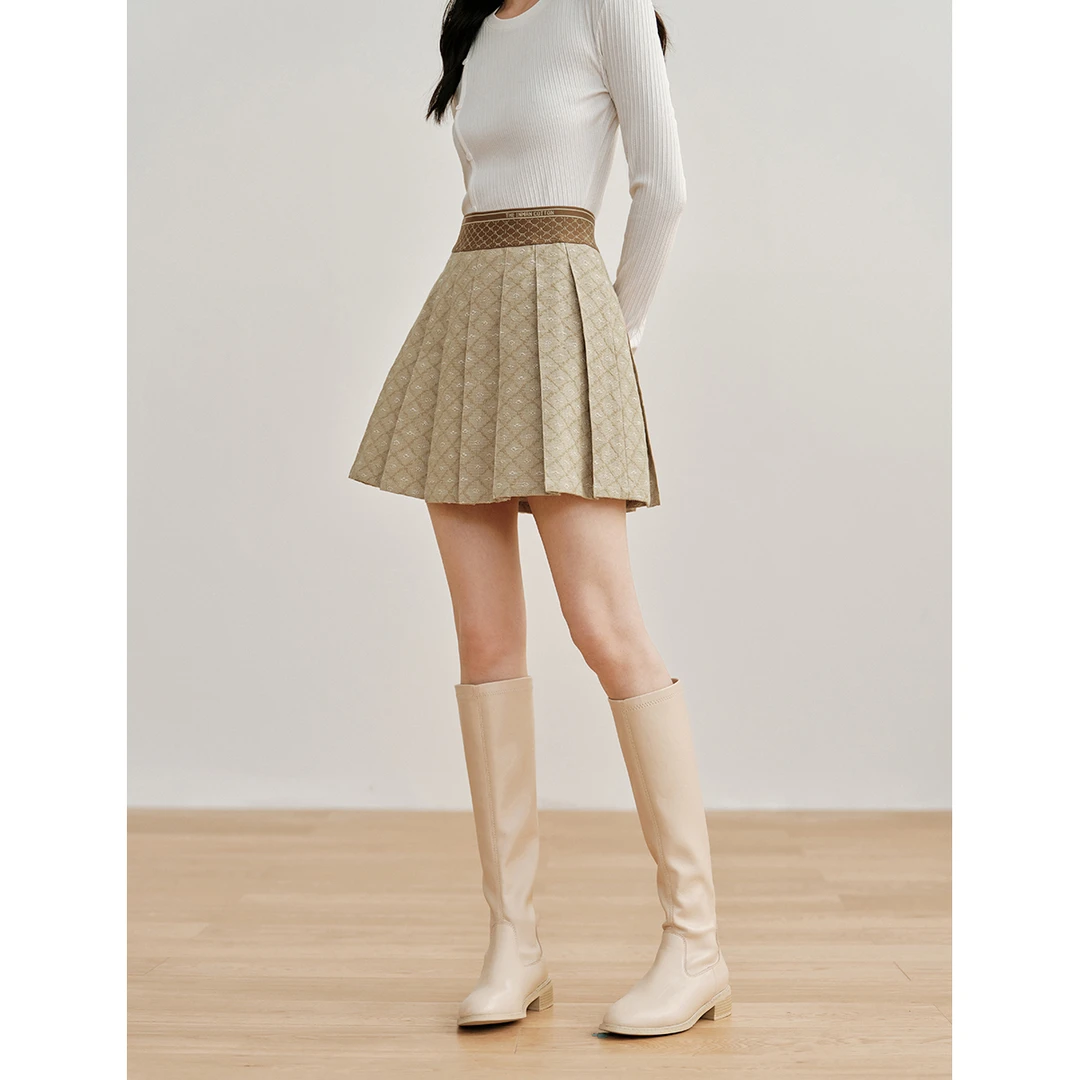 【商场同款】茵曼春秋新款女半身裙短裙百褶裙显瘦休闲高腰百搭