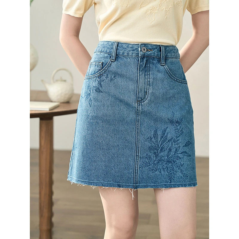 【秋至】茵曼春秋女半身裙短裙牛仔裙裙子A字休闲显瘦新款高腰纯棉