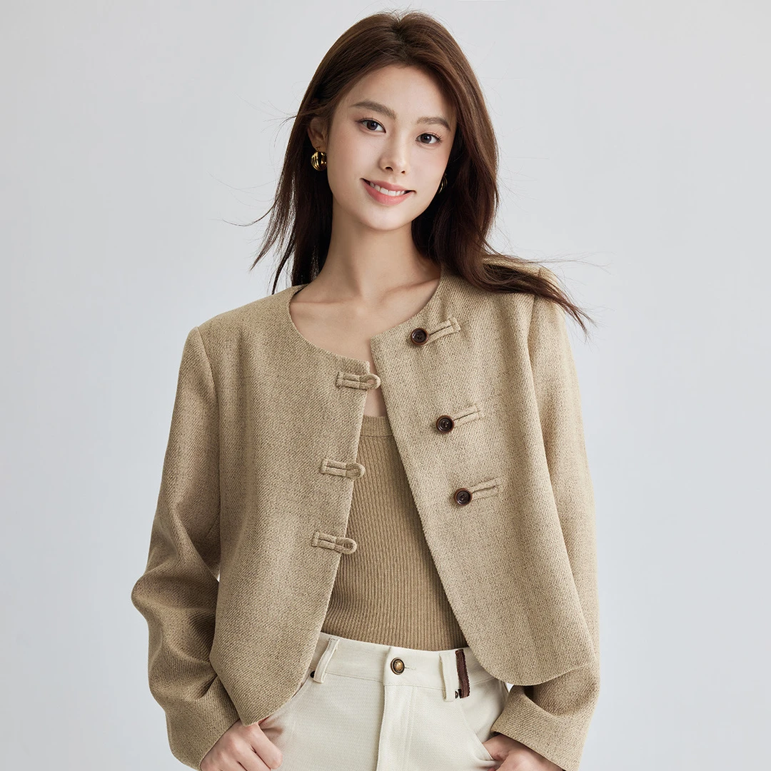 【冬季厚外套】茵曼春秋女短外套休闲上衣小新款长袖圆领盘扣时尚