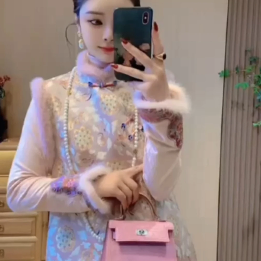 新中式甜美提花马甲连衣裙长袖上衣两件套秋季新款国风套装