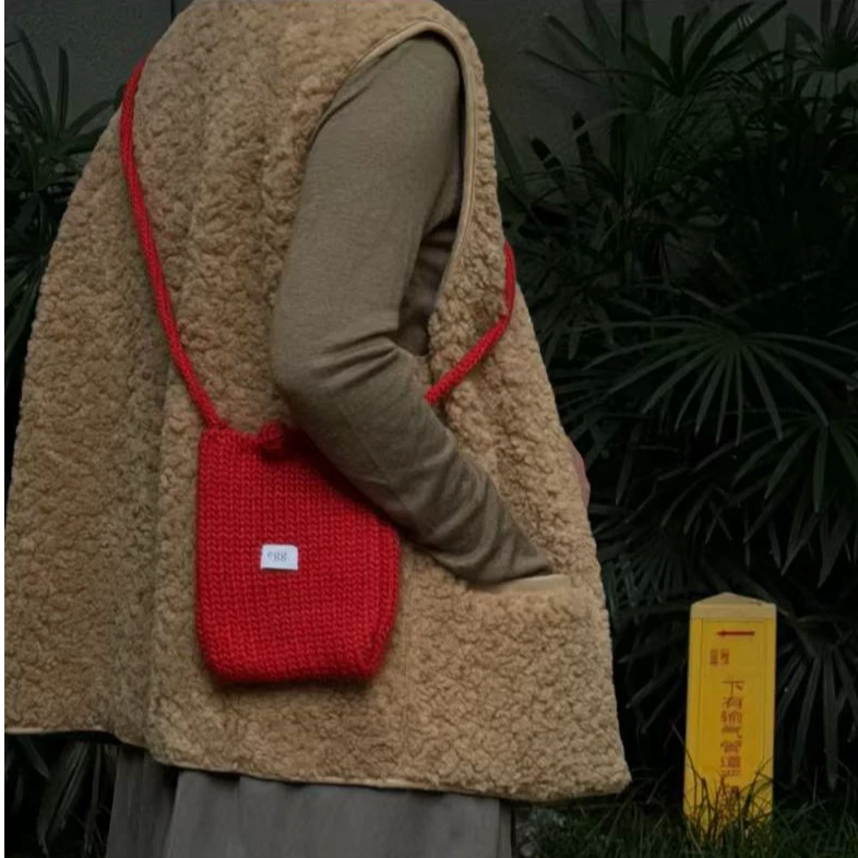 韩系减龄秋冬款手工编织手机包迷你毛线针织单肩斜挎包