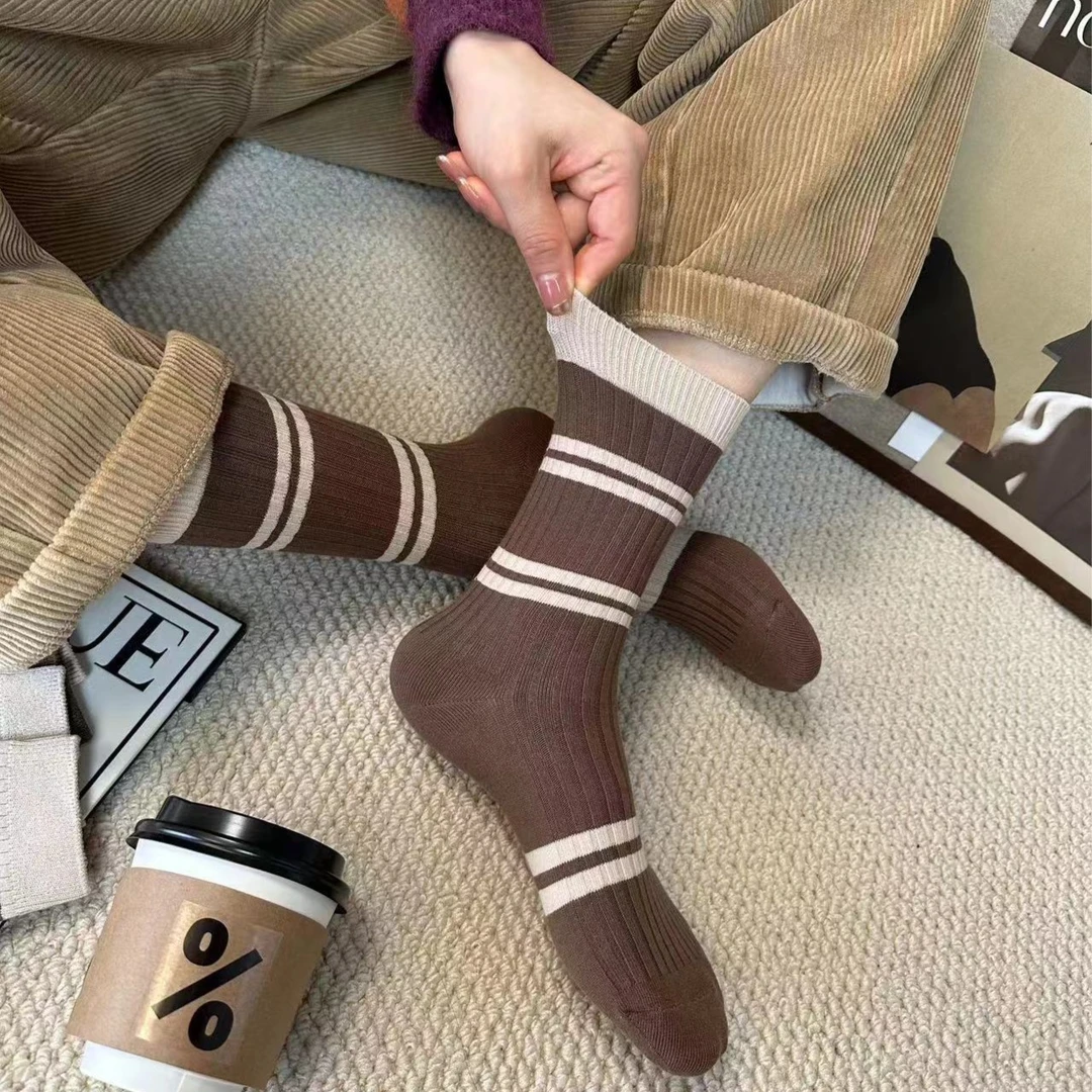 袜子女春中筒袜美拉德条纹女士堆堆袜纯棉百搭复古透气中筒袜ins