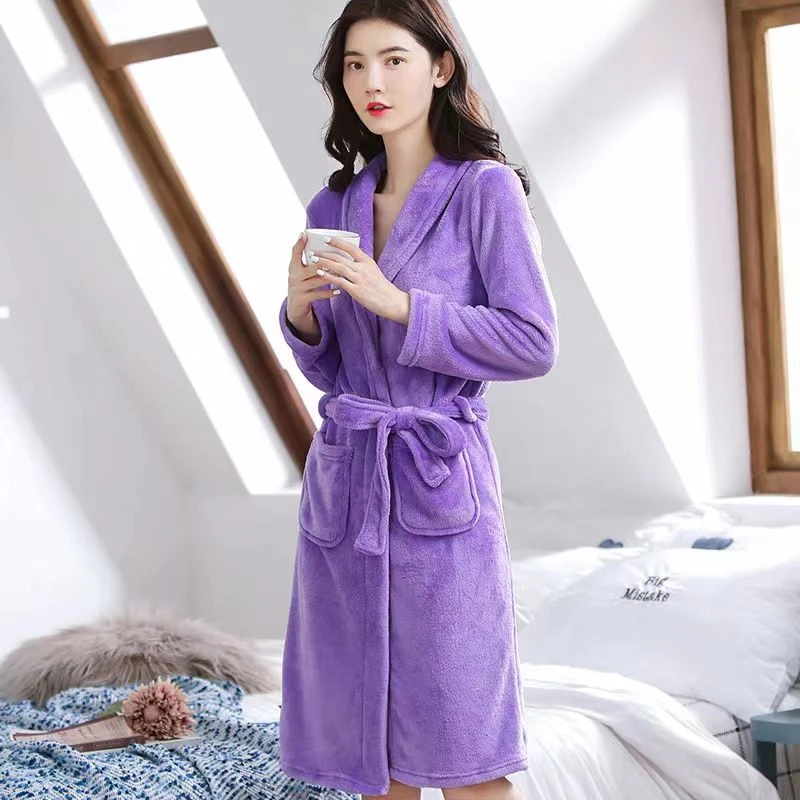 2024新款睡袍女法兰绒睡袍女珊瑚绒长款浴袍女长袖大码浴衣家居服