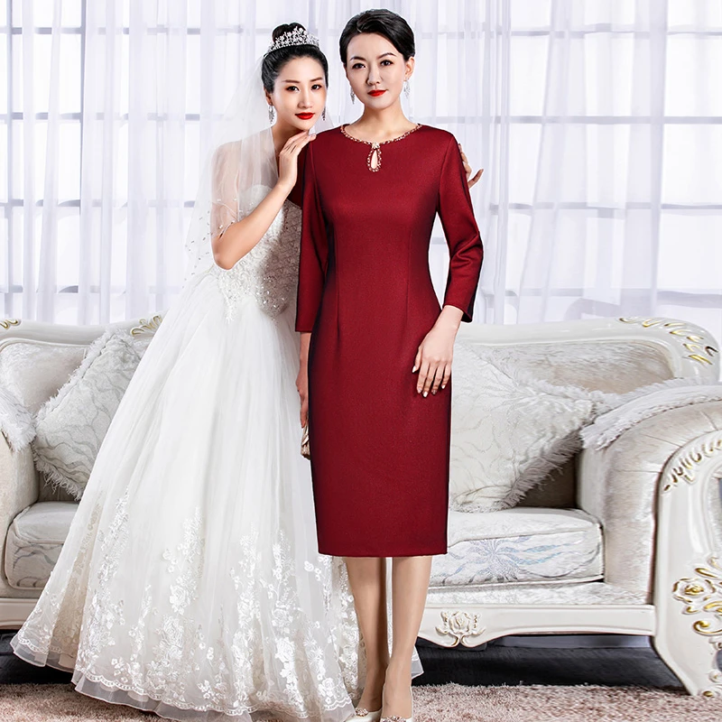 5373婚庆妈妈装连衣裙宴会红色连衣裙婚宴修身显瘦长袖气质婚礼服