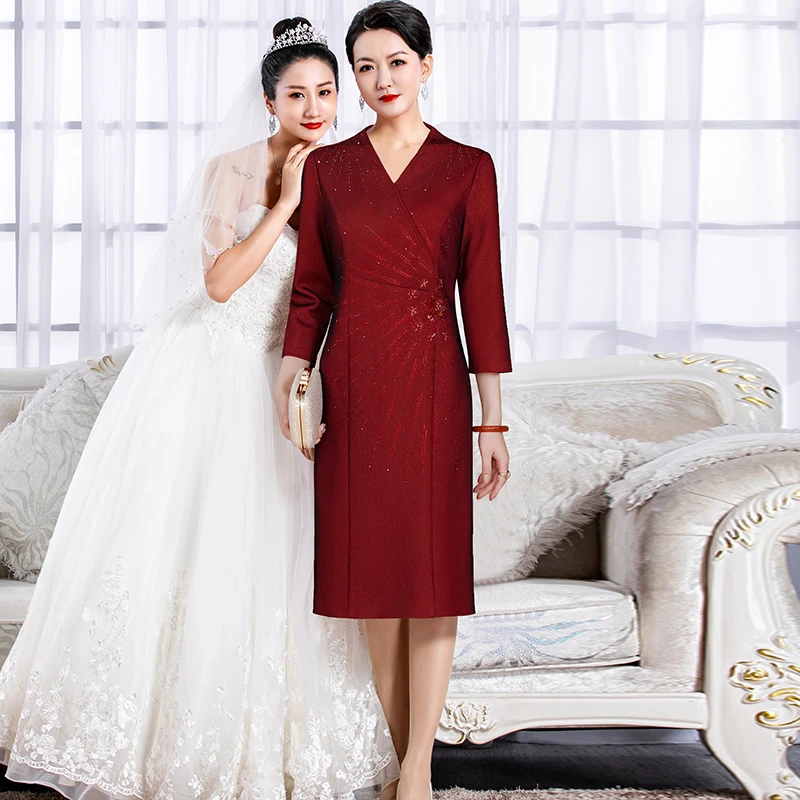 5532修身显瘦喜婆婆高端婚宴连衣裙妈妈装中式红色喜庆气质礼服裙