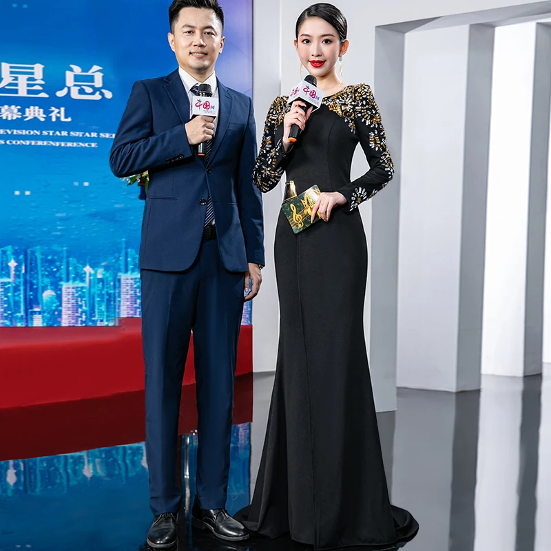 9339黑色晚礼服赫本风年会主持人2023春秋新款高端定制长款晚礼服