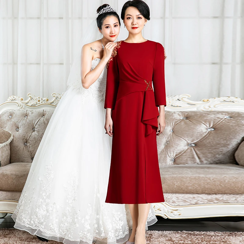 5350高端气质结婚婚礼喜显瘦晚礼服宴会主持人长款大码修身酒红色