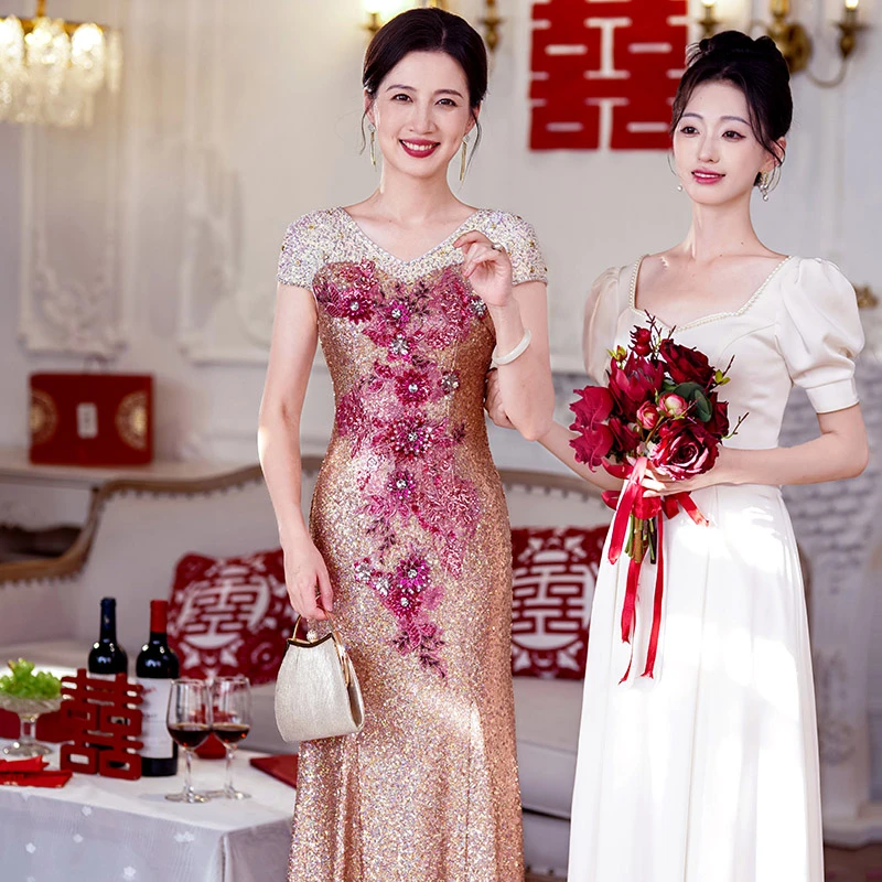5814新中式高端重工轻奢礼服裙高贵高档宴会喜婆婆装旗袍连衣裙