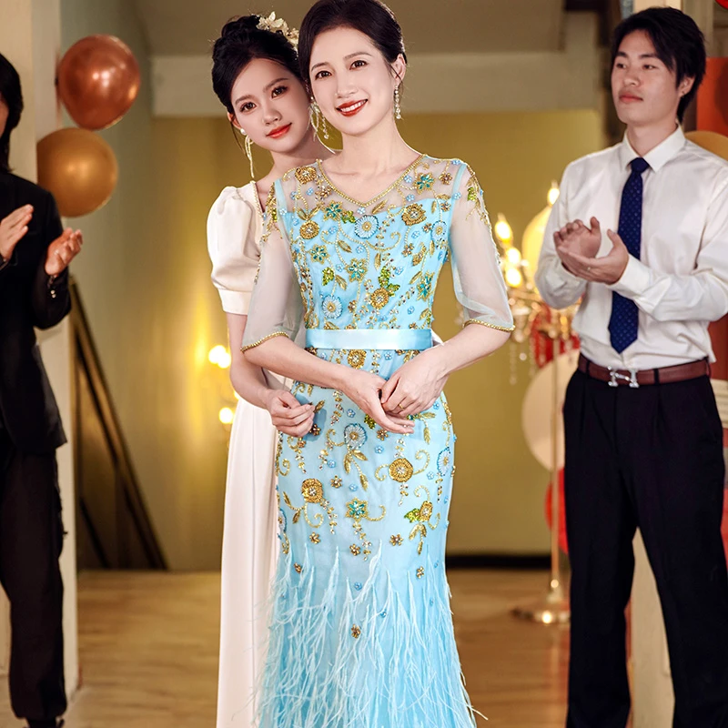 6008晚礼服裙女2024新款高级感宴会大气演出主持人轻奢重工礼服