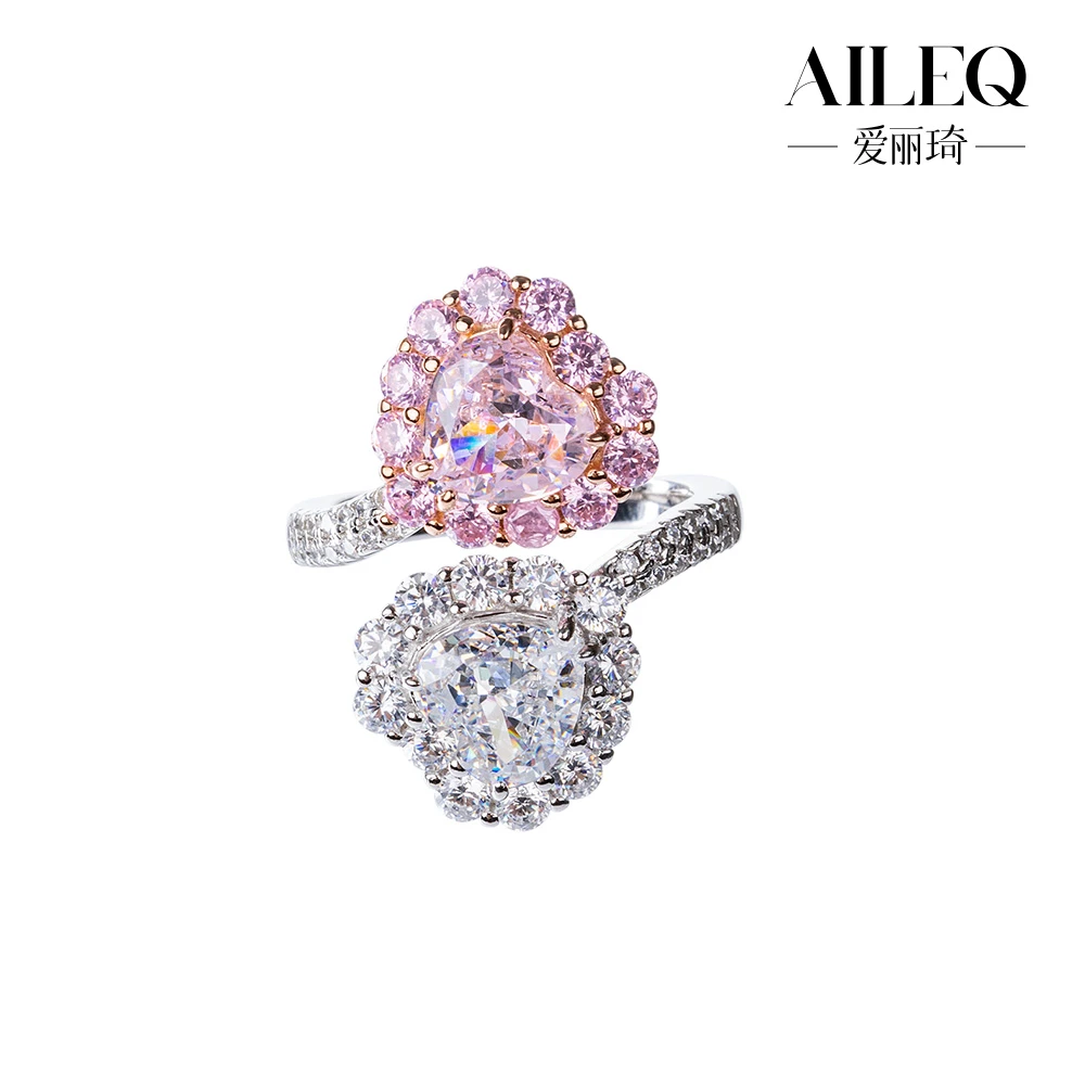 AILEQ 925银合成锆石戒指 爱心形粉白宝时尚活口指环女款设计礼物