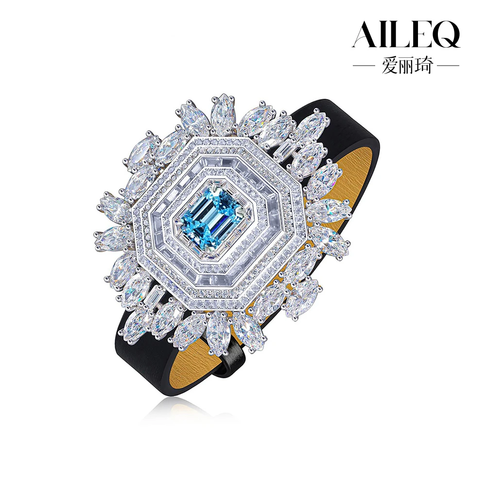 AILEQ 925银手链 镶高碳钻时尚奢华满钻坠链腕带蓝色气质豪华手链