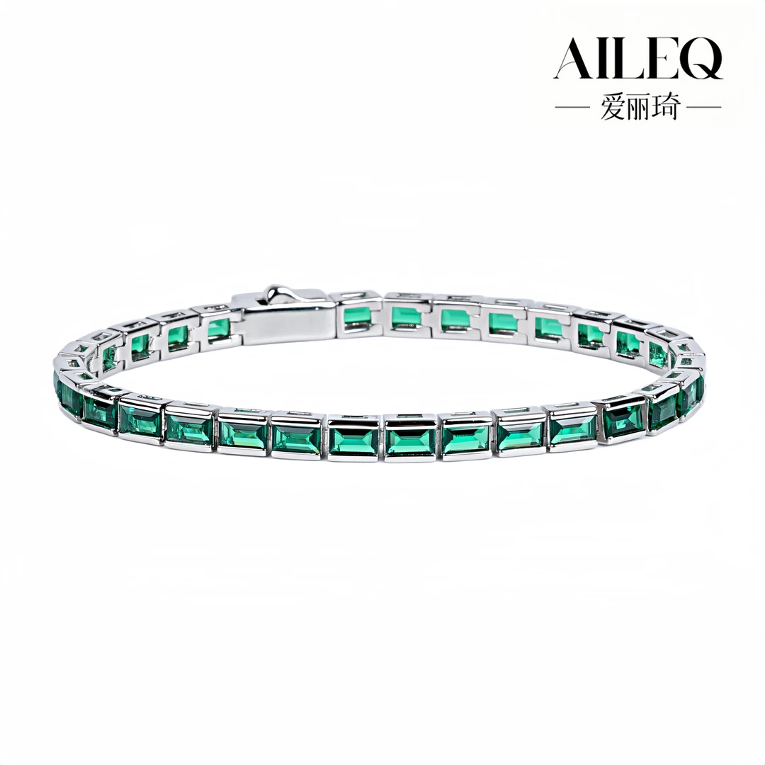 AILEQ 925银合成锆石手链 简约绿色宝单排方切经典小众百搭女士款