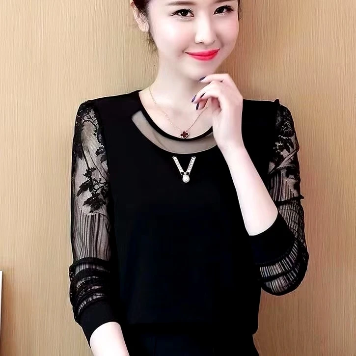 2024春款蕾丝打底衫镂空百搭雪纺衫女长袖修身上衣