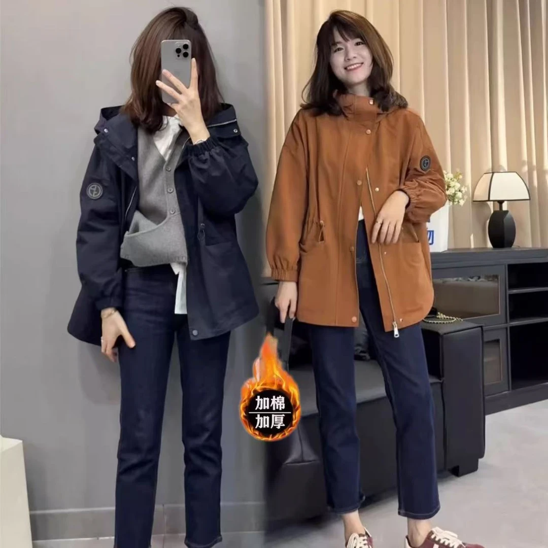 秋冬保暖抽绳冲锋衣加棉加厚外套女韩系收腰宽松显瘦百搭上衣棉衣