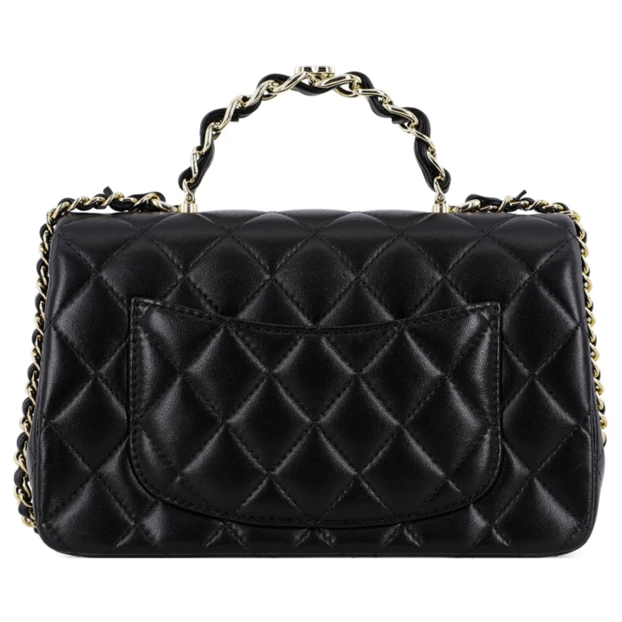 香 23K 金扣手柄 羊皮手提单肩斜挎包 迷你 女士时尚 黑色1008