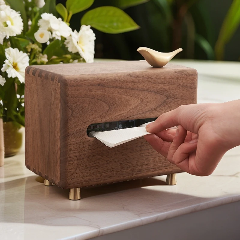 北美黑胡桃实木铜鸟抽纸盒客厅桌面家用高端摆件中式木质抽纸盒