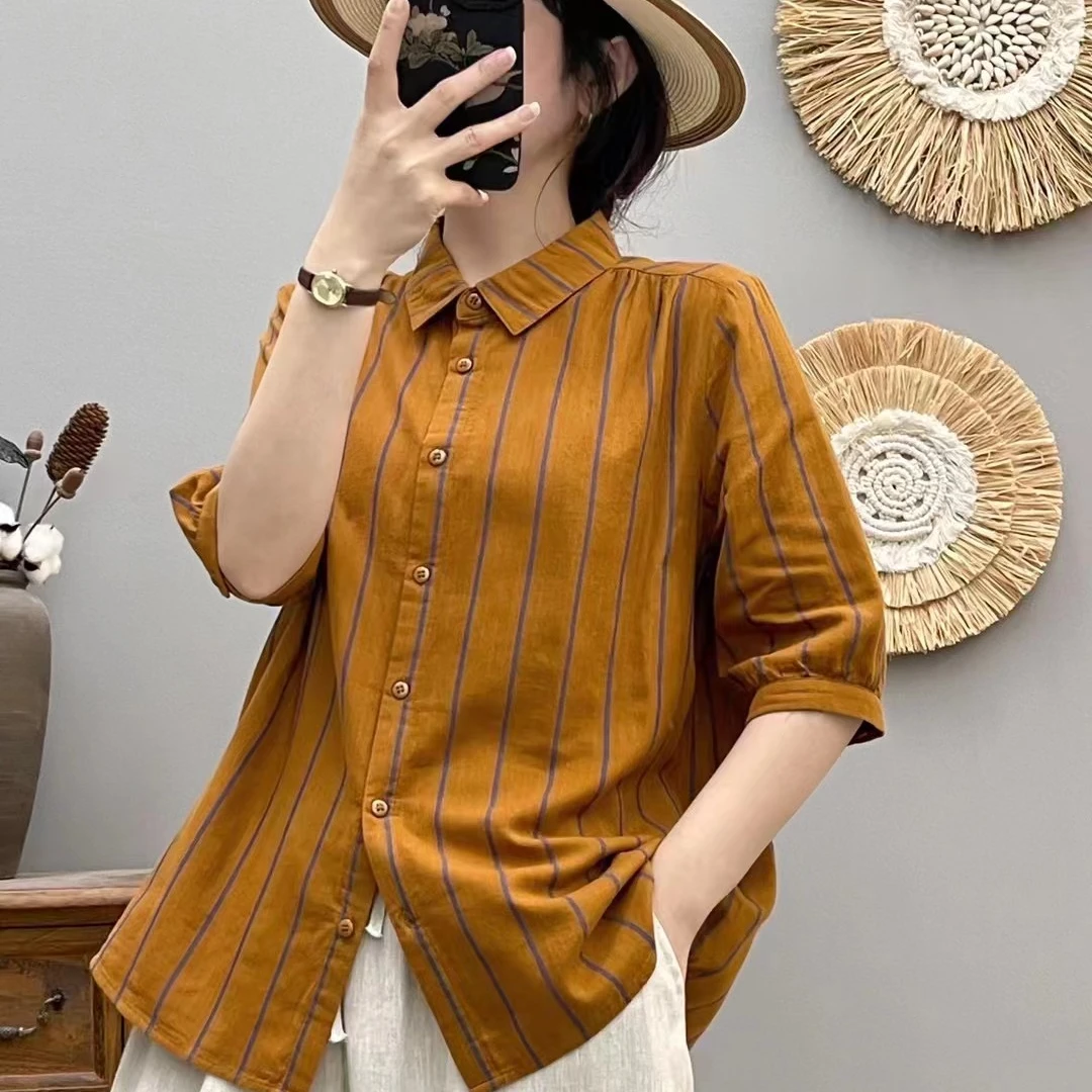 夏季新款休闲百搭宽条纹衬衫复古宽松薄款衬衣上衣女