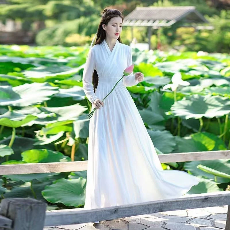 春秋新款古风日常交领汉元素白色雪纺飘逸仙女长裙连衣裙长袖女裙