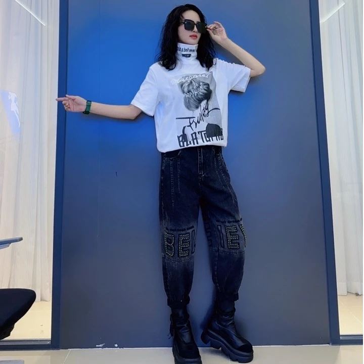 宽松韩版高领潮流时尚印花短袖-百搭休闲重工钉珠复古牛仔裤韩版